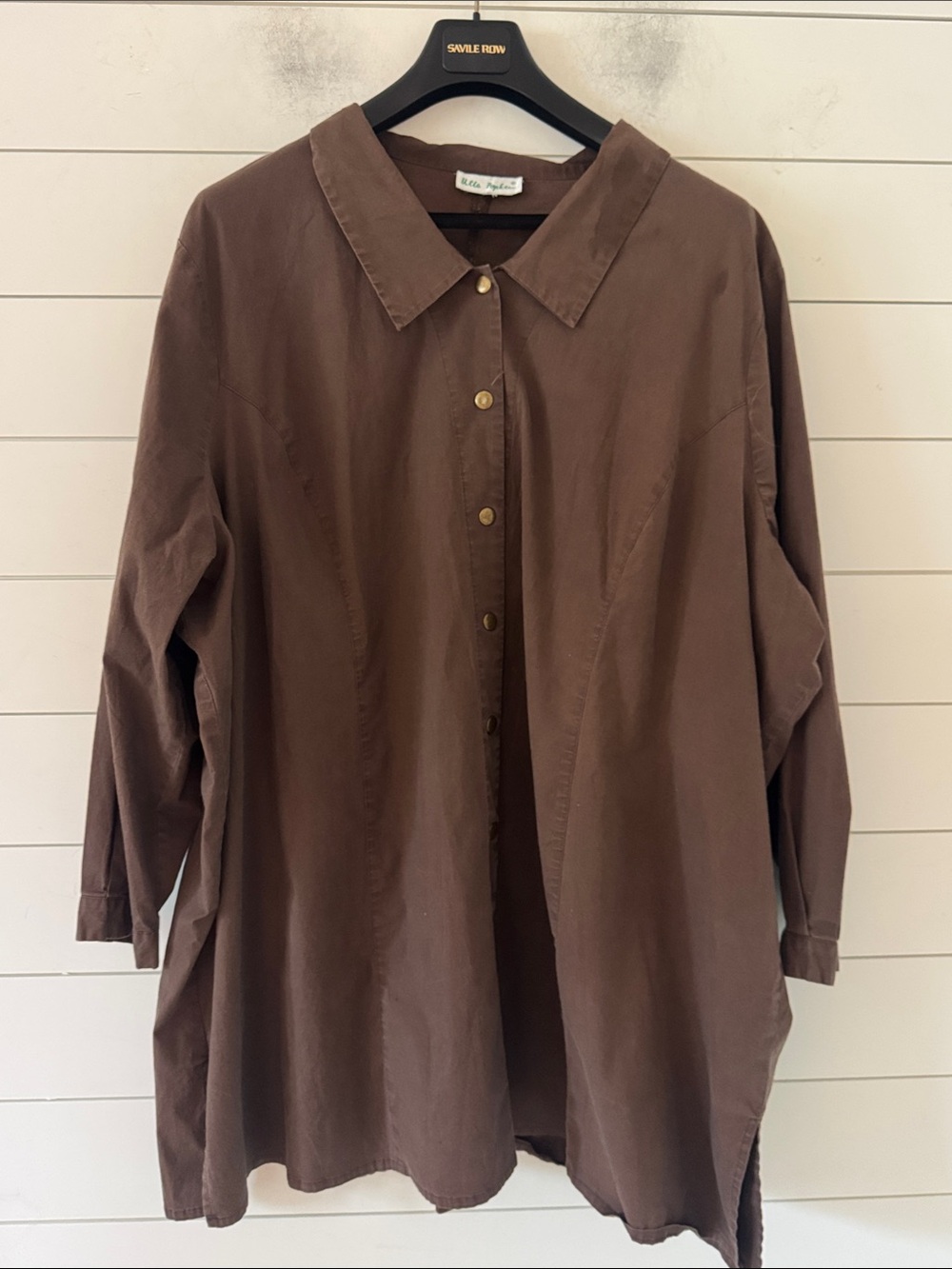 Ulla Popken Size 3XL? Brown Stretch Cotton Poplin Snap Tunic Smock Blouse